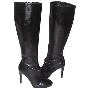 Nine West NW Pearson Black Leather Tall Knee Boots Stiletto Zip Silver Ring  6.5